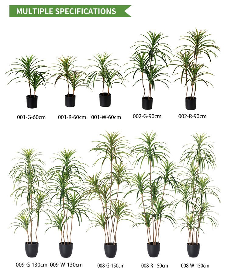 Detailed collection of artificial Yucca trees in multiple specifications (60cm to 150cm) with realistic textured stems and sharp green/red foliage, ideal for professional office landscaping.