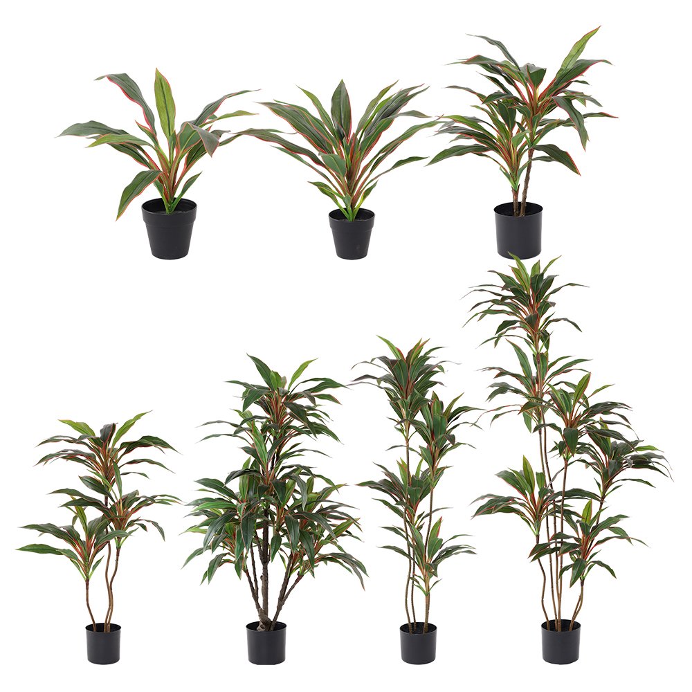 A collection of seven artificial Red-Edged Cordyline fruticosa plants in various sizes and heights, each in a simple black nursery pot, isolated on a white background.