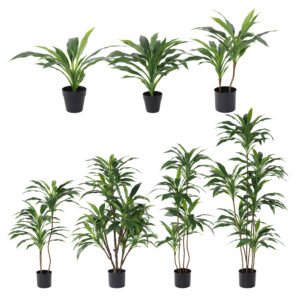 Comparison chart of artificial Dracaena trees ranging from 40cm tabletop models to 150cm architectural floor plants.