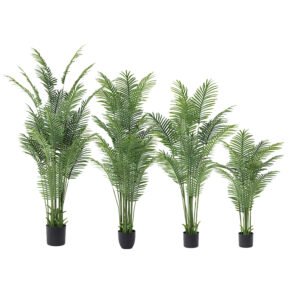 Range of sizes for artificial areca palm trees, showing 120cm, 150cm, 170cm, and 190cm specifications for B2B buyers.