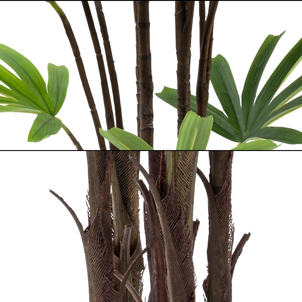 Minimalist Interior Staging with Rhapis Palm Modern minimalist living room featuring a tall artificial bamboo palm tree for a biophilic interior design statement.