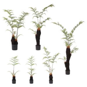 Wholesale collection of artificial tree ferns in various specifications from 110cm to 210cm, featuring realistic fibrous trunks and tropical fronds for large-scale interior projects.