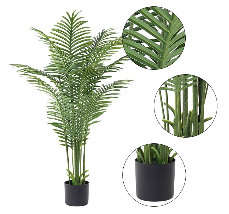 Specifications of artificial areca palm treesDetailed views of high-fidelity artificial areca palm tree showing foliage texture, multi-stem trunk structure, and black potted base.