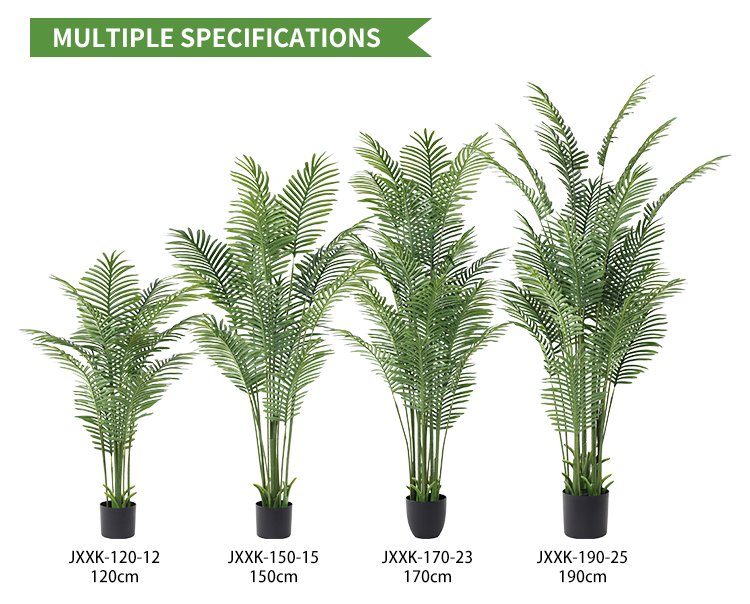 Specifications of artificial areca palm trees in 4 heights: 120cm, 150cm, 170cm, and 190cm for B2B wholesale buyers.