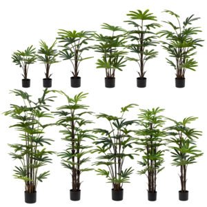 Complete size chart of Senaiyu artificial bamboo palm trees ranging from 65cm to 200cm for wholesale and commercial projects.