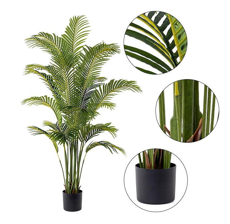 Detailed view of high-fidelity indoor artificial areca palm tree leaves and stem texture