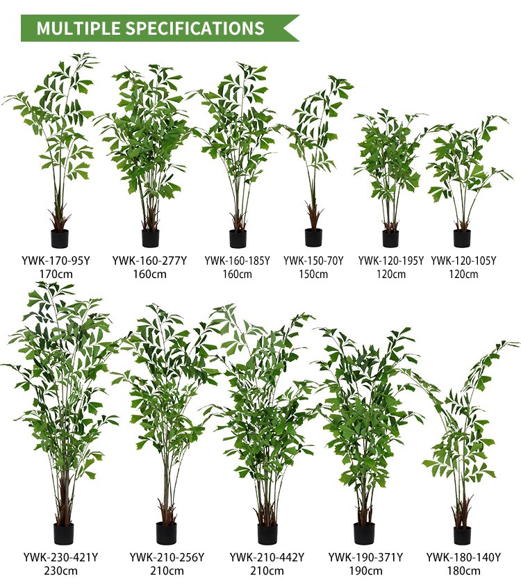A comprehensive size chart of Senaiyu artificial fishtail palms from 120cm to 230cm for B2B commercial orders.